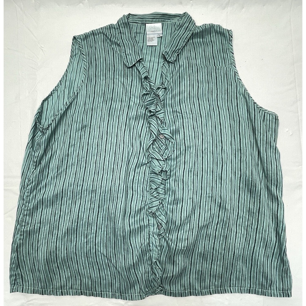 Coldwater Creek Comfort‎ Silk Blouse Women's Large Green Stripe Sleeveless